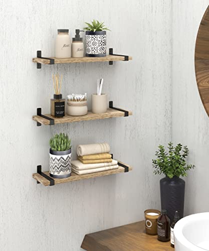 Gronda Floating Shelves Natural Wood Set of 3, Rustic Solid Wood Floating Shelves Wall Mounted Floating Bookshelves Farmhouse Wooden Wall Decor Wall Shelves for Bathroom Living Room Bedroom Kitchen