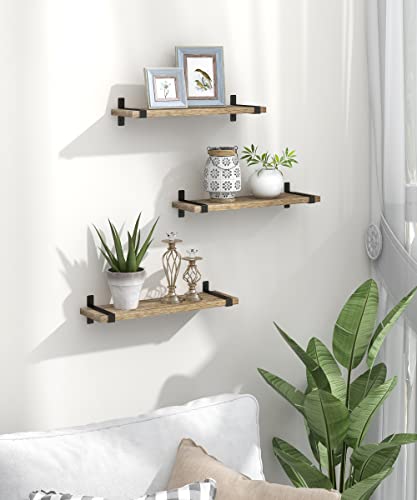 Gronda Floating Shelves Natural Wood Set of 3, Rustic Solid Wood Floating Shelves Wall Mounted Floating Bookshelves Farmhouse Wooden Wall Decor Wall Shelves for Bathroom Living Room Bedroom Kitchen