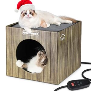 cat house with pet heating pads, safe indoor outdoor heated kitty shelter winter heat mat w/ electric temperature time control, easy set up