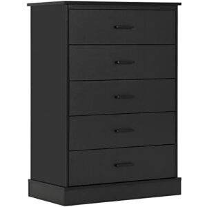 hasuit black dresser for bedroom, tall 5 drawer dresser with sturdy base, wooden large capacity storage cabinet, chest of 5 drawers for closet, living room, hallway