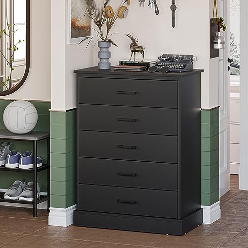 Hasuit Black Dresser for Bedroom, Tall 5 Drawer Dresser with Sturdy Base, Wooden Large Capacity Storage Cabinet, Chest of 5 Drawers for Closet, Living Room, Hallway