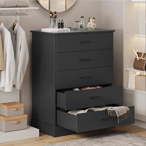 Hasuit Black Dresser for Bedroom, Tall 5 Drawer Dresser with Sturdy Base, Wooden Large Capacity Storage Cabinet, Chest of 5 Drawers for Closet, Living Room, Hallway