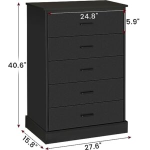 Hasuit Black Dresser for Bedroom, Tall 5 Drawer Dresser with Sturdy Base, Wooden Large Capacity Storage Cabinet, Chest of 5 Drawers for Closet, Living Room, Hallway