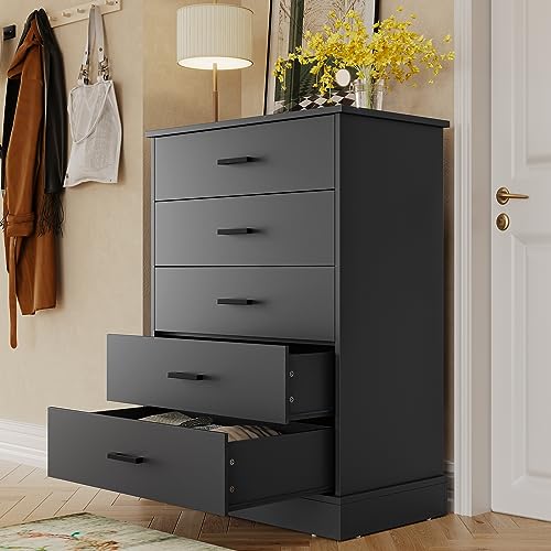 Hasuit Black Dresser for Bedroom, Tall 5 Drawer Dresser with Sturdy Base, Wooden Large Capacity Storage Cabinet, Chest of 5 Drawers for Closet, Living Room, Hallway