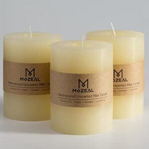mozeal 3" x 4" hand-poured unscented candle,dripless pillar candle set of 3,long clean burning,approx 72 hours burn time,rustic country style,wedding,dinner,christmas and home decor,ivory