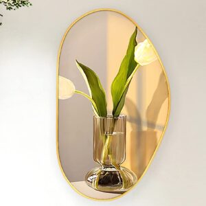 unzipe irregular wall mirror brass framed wall mirror, 25x14 inch gold asymmetrical mirror wall mounted vanity mirror with hanging chain decorative mirror for living room, bedroom, bathroom, entryway