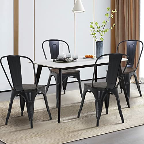 Dkelincs Metal Dining Chairs Set of 4 with Wood Seat, 18 Inch Stackable Industrial Vintage Indoor-Outdoor Tolix Chair for Bistro Cafe Restaurant Farmhouse Kitchen Trattoria, Black