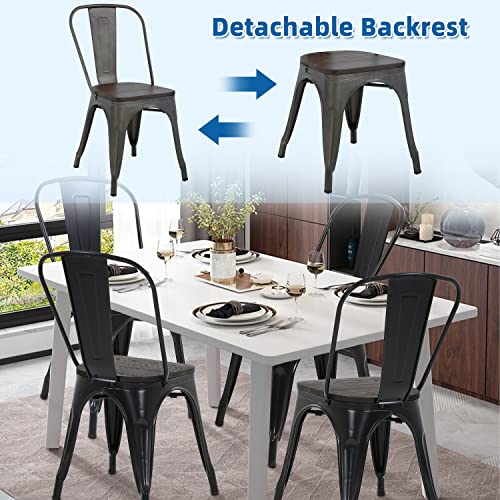 Dkelincs Metal Dining Chairs Set of 4 with Wood Seat, 18 Inch Stackable Industrial Vintage Indoor-Outdoor Tolix Chair for Bistro Cafe Restaurant Farmhouse Kitchen Trattoria, Black