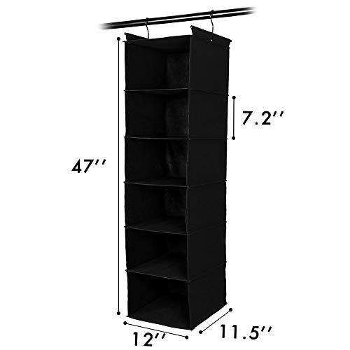 MAX Houser 6 Tier Shelf Hanging Closet Organizer, Closet Hanging Shelf with 2 Sturdy Hooks for Storage, Foldable,Black and Light Grey