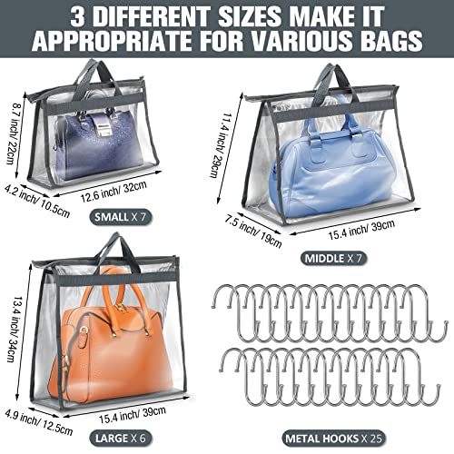 Chumia 20 Pack Dust Bags for Handbags Clear Handbag Storage 3 Sizes Handbag Organizers for Closets Hand Bag Dust Cover Purse Protector Bag with Zipper and Handles with 25 Pcs S Shape Hooks