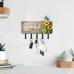 Autumn Fall Sunflowers Wooden Key Holder for Wall Key Hanger with 5 Key Hooks Key Rack Organizer Key and Mail Holder for Wall Decorative Entryway Farmhouse Mudroom Kitchen Home Office Grateful