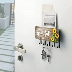 Autumn Fall Sunflowers Wooden Key Holder for Wall Key Hanger with 5 Key Hooks Key Rack Organizer Key and Mail Holder for Wall Decorative Entryway Farmhouse Mudroom Kitchen Home Office Grateful