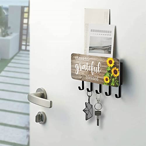 Autumn Fall Sunflowers Wooden Key Holder for Wall Key Hanger with 5 Key Hooks Key Rack Organizer Key and Mail Holder for Wall Decorative Entryway Farmhouse Mudroom Kitchen Home Office Grateful