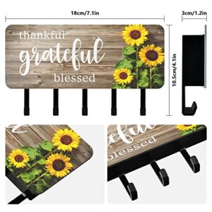 Autumn Fall Sunflowers Wooden Key Holder for Wall Key Hanger with 5 Key Hooks Key Rack Organizer Key and Mail Holder for Wall Decorative Entryway Farmhouse Mudroom Kitchen Home Office Grateful