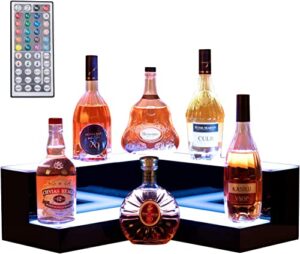 corner led liquor bottle display shelf, 20 in 2 step led display shelf diy mode illuminated bottle shelf color changing with led color remote control high gloss black finish for home party bar