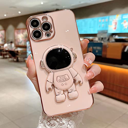 AIGOMARA 6D Plating Astronaut Hidden Stand Case Cover for iPhone 13 Pro Max Women Astronaut Folding Bracket Kickstand iPhone Case with Camera Protector Soft TPU Shockproof Bumper 6.7 Inch - Pink