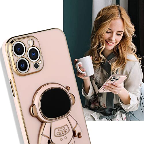 AIGOMARA 6D Plating Astronaut Hidden Stand Case Cover for iPhone 13 Pro Max Women Astronaut Folding Bracket Kickstand iPhone Case with Camera Protector Soft TPU Shockproof Bumper 6.7 Inch - Pink