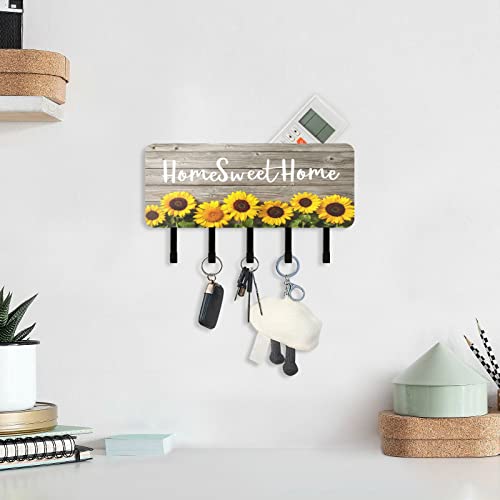 Sunflowers on Wooden Key Holder for Wall Key Hanger with 5 Key Hooks Key Rack Organizer Key and Mail Holder for Wall Decorative Entryway Hallway Mudroom Kitchen Home Apartment Sweet Home