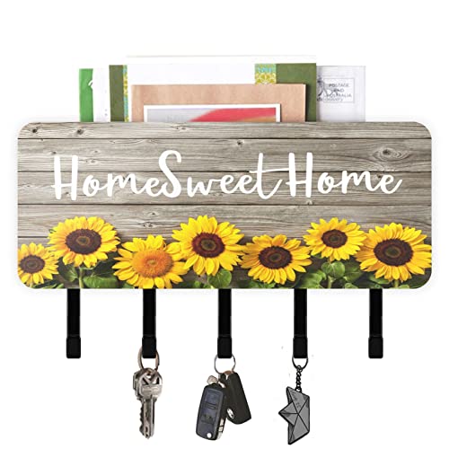 Sunflowers on Wooden Key Holder for Wall Key Hanger with 5 Key Hooks Key Rack Organizer Key and Mail Holder for Wall Decorative Entryway Hallway Mudroom Kitchen Home Apartment Sweet Home