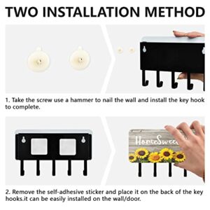 Sunflowers on Wooden Key Holder for Wall Key Hanger with 5 Key Hooks Key Rack Organizer Key and Mail Holder for Wall Decorative Entryway Hallway Mudroom Kitchen Home Apartment Sweet Home