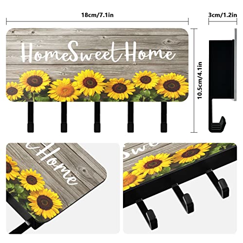 Sunflowers on Wooden Key Holder for Wall Key Hanger with 5 Key Hooks Key Rack Organizer Key and Mail Holder for Wall Decorative Entryway Hallway Mudroom Kitchen Home Apartment Sweet Home