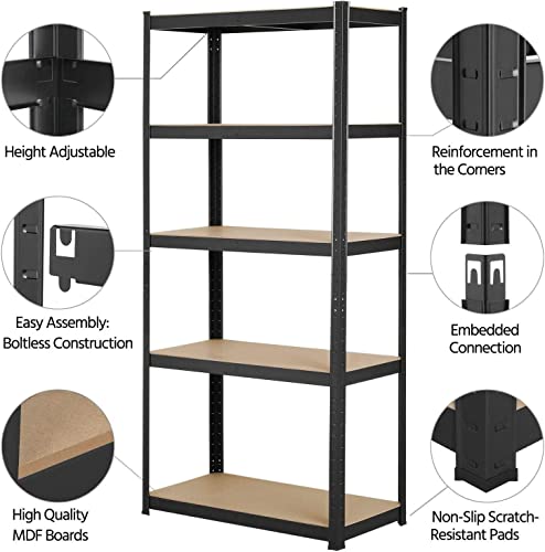 5 Tiers Storage Rack Heavy Duty Shelf Steel Shelving Unit 1929lbs High Weight Capacity Adjustable Garage Shelves for Garage, Kitchen, Pantry, Laundry, Office - 29.53" W x 11.81" D x 66.93" H, Black