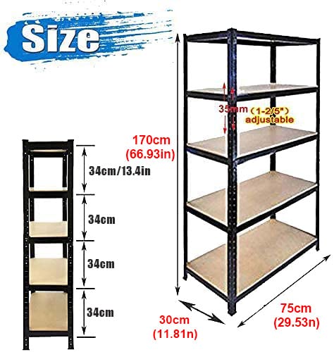 5 Tiers Storage Rack Heavy Duty Shelf Steel Shelving Unit 1929lbs High Weight Capacity Adjustable Garage Shelves for Garage, Kitchen, Pantry, Laundry, Office - 29.53" W x 11.81" D x 66.93" H, Black