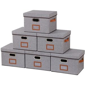 outbros 6-pack large collapsible storage bins with lids, foldable fabric storage boxes organizer containers baskets cube with label window, for home bedroom office, 13 * 9 * 7.9in gray