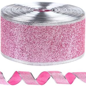 christmas glitter wired ribbon xmas wrapping ribbon,2"x25 yards glitter wide ribbon swirl metallic wired edge ribbon,curling wired shimmer glitter ribbon for home decor,gift wrapping,diy crafts,pink