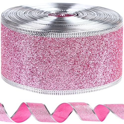 Christmas Glitter Wired Ribbon Xmas Wrapping Ribbon,2"x25 Yards Glitter Wide Ribbon Swirl Metallic Wired Edge Ribbon,Curling Wired Shimmer Glitter Ribbon for Home Decor,Gift Wrapping,DIY Crafts,Pink