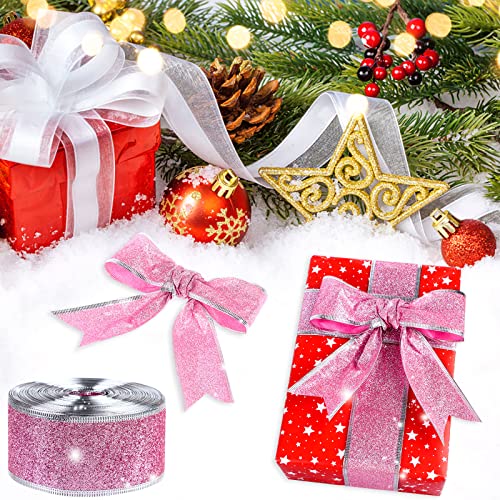 Christmas Glitter Wired Ribbon Xmas Wrapping Ribbon,2"x25 Yards Glitter Wide Ribbon Swirl Metallic Wired Edge Ribbon,Curling Wired Shimmer Glitter Ribbon for Home Decor,Gift Wrapping,DIY Crafts,Pink