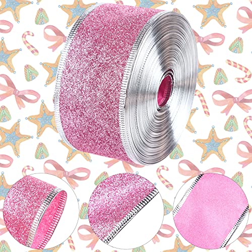 Christmas Glitter Wired Ribbon Xmas Wrapping Ribbon,2"x25 Yards Glitter Wide Ribbon Swirl Metallic Wired Edge Ribbon,Curling Wired Shimmer Glitter Ribbon for Home Decor,Gift Wrapping,DIY Crafts,Pink