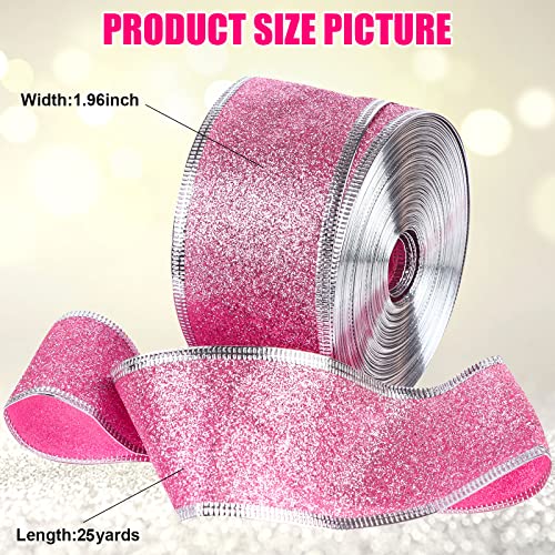 Christmas Glitter Wired Ribbon Xmas Wrapping Ribbon,2"x25 Yards Glitter Wide Ribbon Swirl Metallic Wired Edge Ribbon,Curling Wired Shimmer Glitter Ribbon for Home Decor,Gift Wrapping,DIY Crafts,Pink