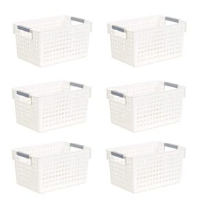 whale pocket 6 pcs plastic storage basket, slim white organizer tote bin shelf baskets for closet organization, de-clutter, toys, cleaning products, accessories 12.2x 8.6x 7in