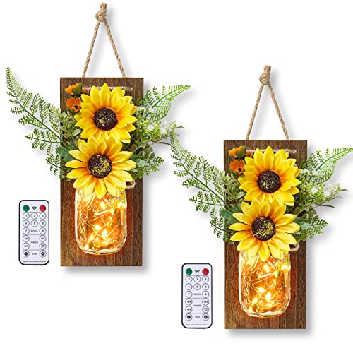 Sunflower Wall Decor Mason Jar Sconces Wall Decor 2 Pcs Rustic Farmhouse Handmade Wall Art Hanging with Remote Control LED Fairy Lights for Home Kitchen Living Room House Bedroom Wall Decorations