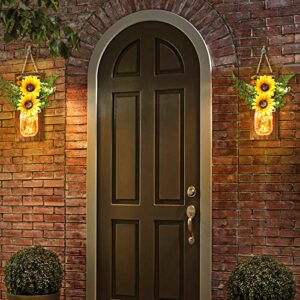 Sunflower Wall Decor Mason Jar Sconces Wall Decor 2 Pcs Rustic Farmhouse Handmade Wall Art Hanging with Remote Control LED Fairy Lights for Home Kitchen Living Room House Bedroom Wall Decorations