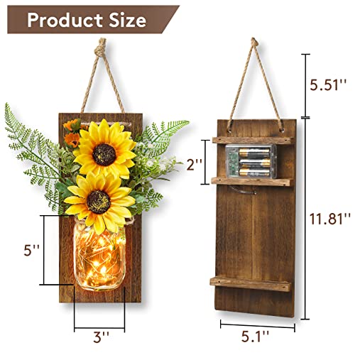 Sunflower Wall Decor Mason Jar Sconces Wall Decor 2 Pcs Rustic Farmhouse Handmade Wall Art Hanging with Remote Control LED Fairy Lights for Home Kitchen Living Room House Bedroom Wall Decorations