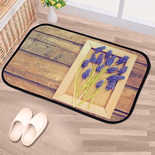 Soft Foam Area Rugs Blue Flowers on Wooden Photo Washable Non Slip Kitchen Rugs Bath Rug for Home Decor Indoor/Outdoor 23.6x15.7in