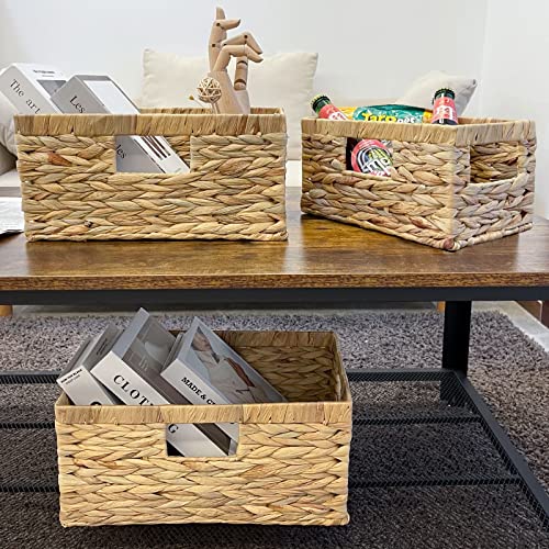 OUTBROS Water Hyacinth Storage Baskets, Hand-Woven Baskets Storage Box with Handles, Nesting Wicker Basket Sets, Waterproof Woven Storage Bins for Shelves, Rectangle, 3-Pack