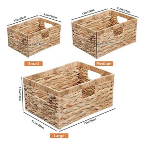 OUTBROS Water Hyacinth Storage Baskets, Hand-Woven Baskets Storage Box with Handles, Nesting Wicker Basket Sets, Waterproof Woven Storage Bins for Shelves, Rectangle, 3-Pack