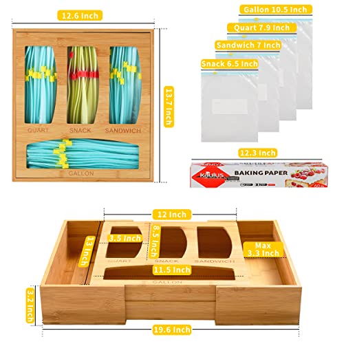 TITETE Ziplock Bag Organizer, 6 in 1 Bamboo Food Plastic Bag Storage for Drawer, Kitchen Drawer Organizer for Gallon, Quart, Sandwich & Variety Bags