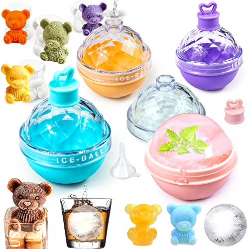 [4+4] 4 Pcs Round Ice Cube Mold, Decyam Ice Ball Maker, Silicone Ice Cube Tray, 2.5 Inch Large Sphere Ice Cube Mold with Lid and Funnels, Cocktail Whiskey Ice Mold and 4 Pack Teddy Bear Ice Mold