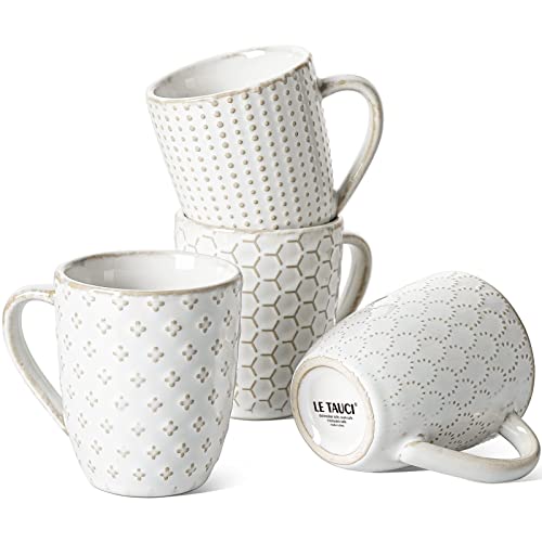LE TAUCI Coffee Mugs 7 oz, Espresso Cups, Embossment Housewarming Gift, Ceramic Demitasse Cup for Double Shot, Latte, Cappuccino, Lungo, or As Kids Mugs with Handle - 2.7 inch, Set of 4, Arctic White