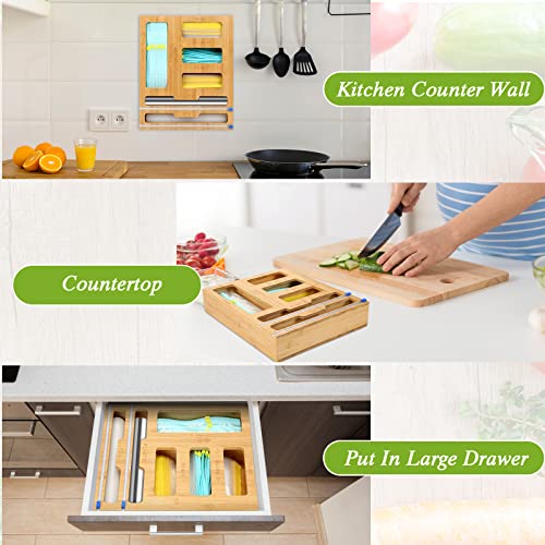 Plastic Wrap Dispenser with Cutter - 6 IN 1 Bamboo Organizer - Ziplock Bag organizer, Kitchen Drawer Foil and Plastic Wrap Organizer for Gallon, Quart, Sandwich & Snack Bag