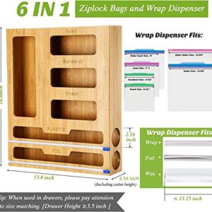 Plastic Wrap Dispenser with Cutter - 6 IN 1 Bamboo Organizer - Ziplock Bag organizer, Kitchen Drawer Foil and Plastic Wrap Organizer for Gallon, Quart, Sandwich & Snack Bag