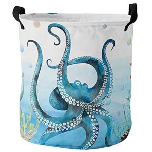 octopus laundry hamper large waterproof lightweight collapsible storage basket, toy dirty clothes organizer for bedroom office dorm, boys and girls - blue octopus ocean marine life theme