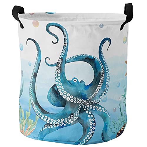 Octopus Laundry Hamper Large Waterproof Lightweight Collapsible Storage Basket, Toy Dirty Clothes Organizer for Bedroom Office Dorm, Boys and Girls - Blue Octopus Ocean Marine Life Theme