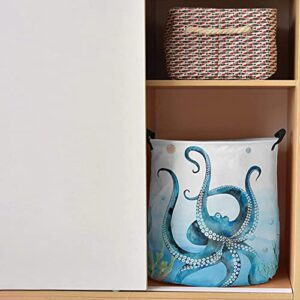 Octopus Laundry Hamper Large Waterproof Lightweight Collapsible Storage Basket, Toy Dirty Clothes Organizer for Bedroom Office Dorm, Boys and Girls - Blue Octopus Ocean Marine Life Theme