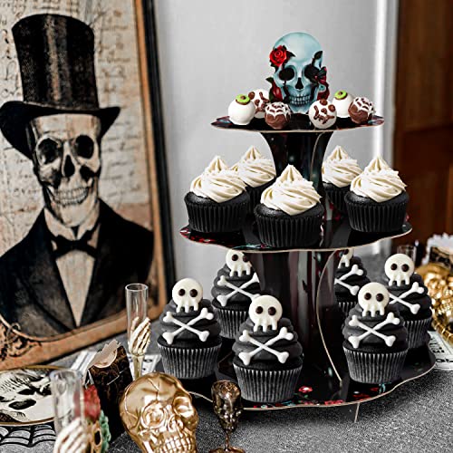 Gothic Rose Skull Cupcake Stand for Halloween Party Decoration Floral Skeleton Cake Serving Tray Gothic Birthday Wedding Proposal Anniversary Table Decorations