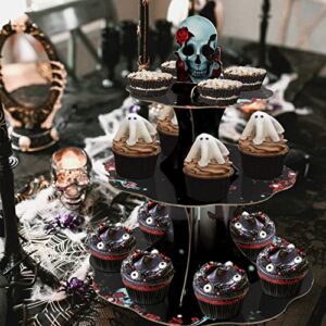 Gothic Rose Skull Cupcake Stand for Halloween Party Decoration Floral Skeleton Cake Serving Tray Gothic Birthday Wedding Proposal Anniversary Table Decorations